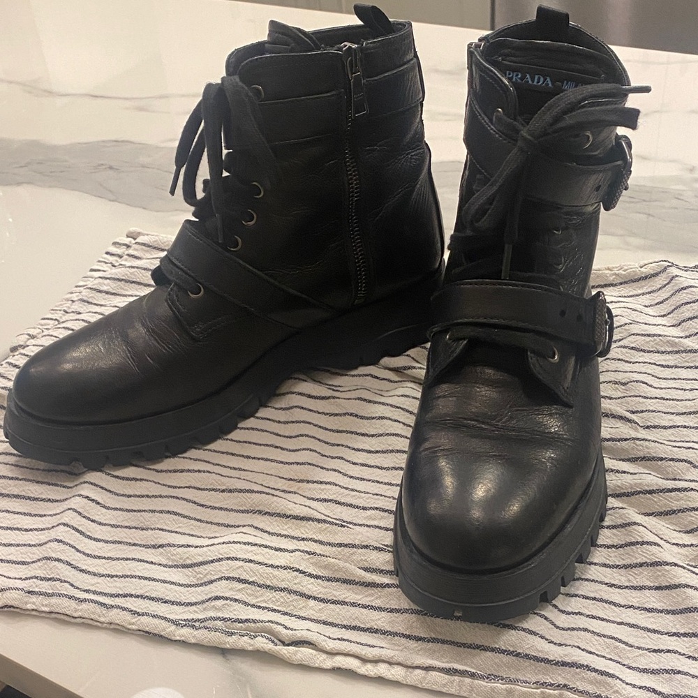 Prada Black Leather Buckle Strap Combat Boots 39
